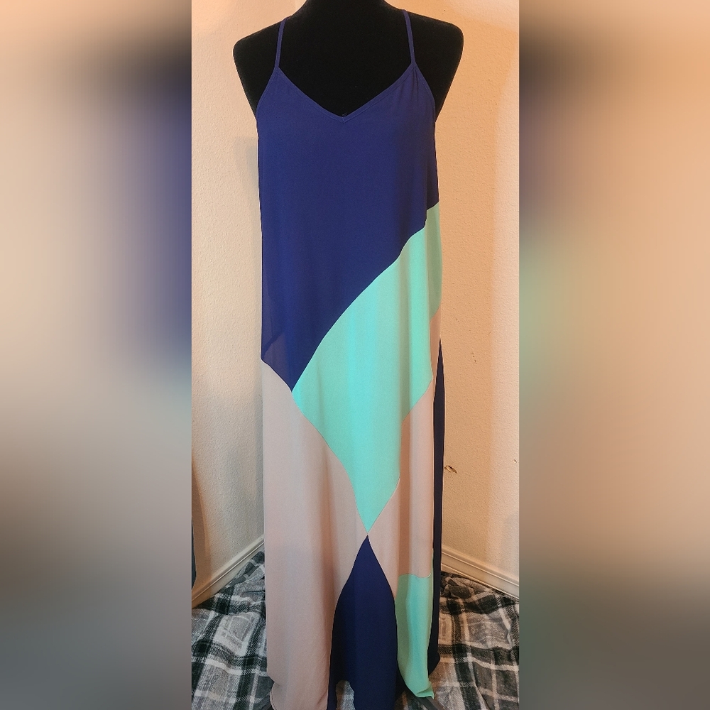 Ya Los Angeles Blue and Cream Asymmetrical Sundress